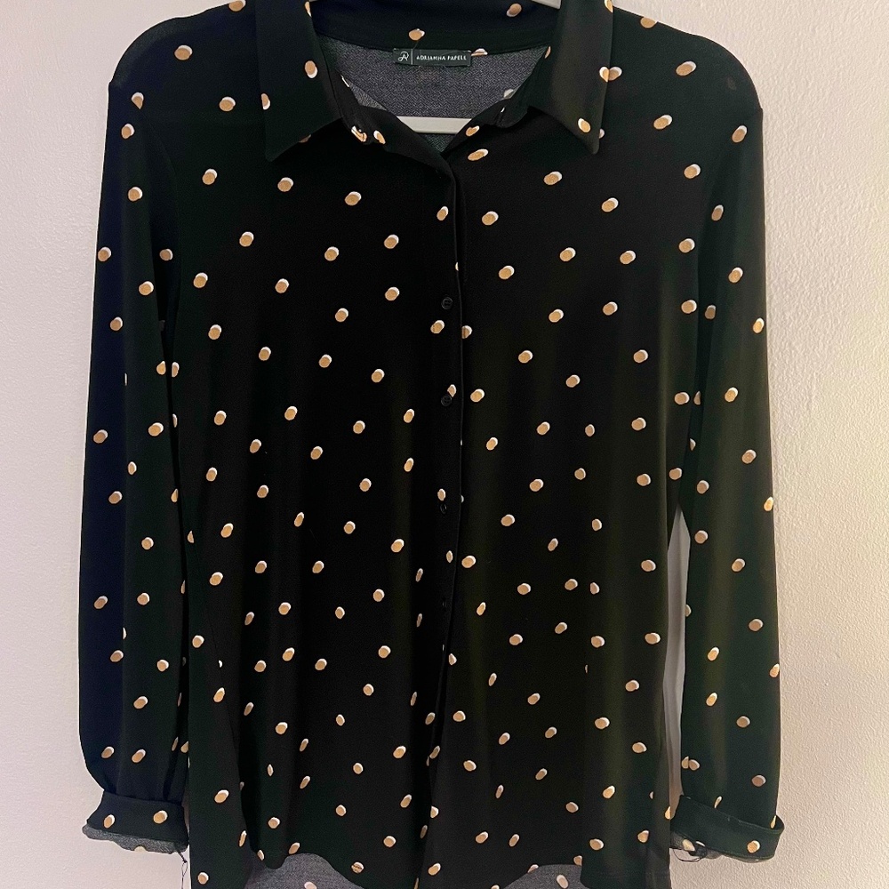 Adriana Papell Long Sleeve Black and Gold Polka Dot Button Up Breezy Blouse